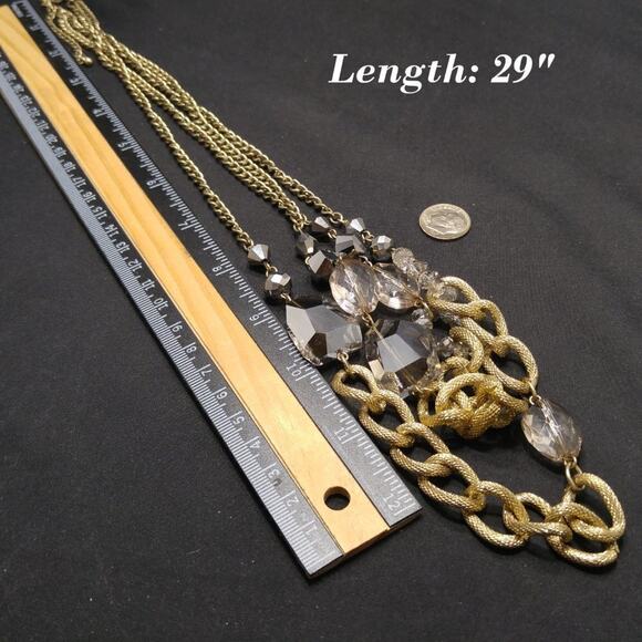 Gold Tone Statement Necklace with Faceted Crystal Beads 29 Inch Long Chain - Picture 10 of 10